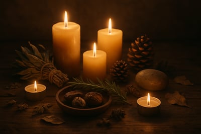 A peaceful ritual scene with candles, natural objects, and calming light