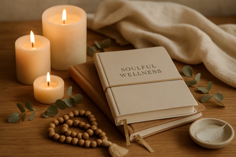 A serene space with candles, journals, and calming elements representing soulful wellness.